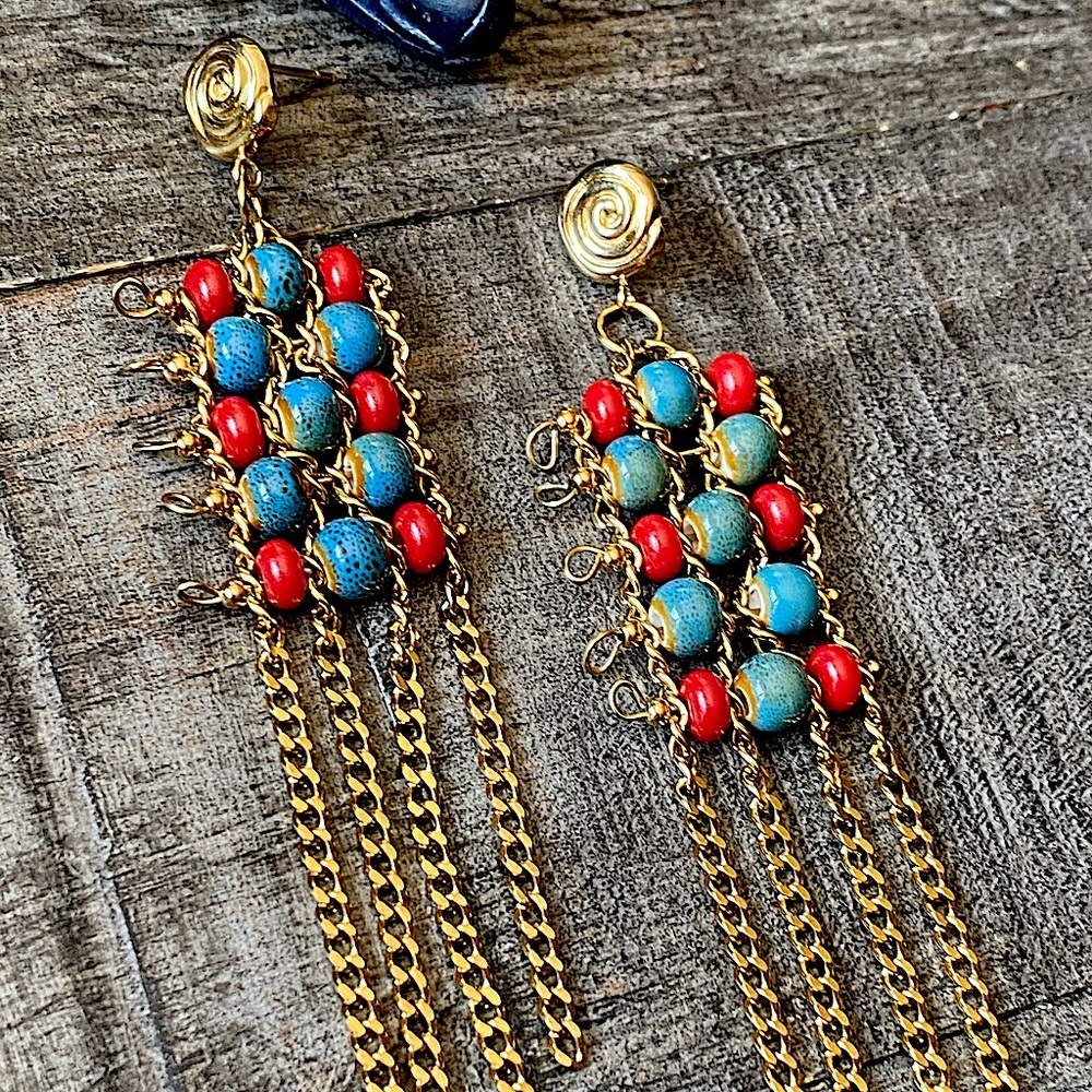 NEW Ceramic Beaded Gold Tassel Earrings - Picture 8 of 13